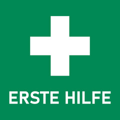 Erste Hilfe ("First Aid" in German) Green and White Icon with Cross and Text. Vector Image.