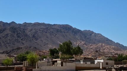 A Bedouin village with a green oasis under the mountain in Sinai. Cityscape of stone houses with...