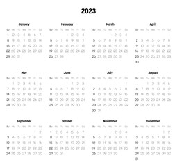 Monthly calendar of year 2023