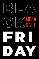 Poster for Black Friday with a black background and white text, include an offer.