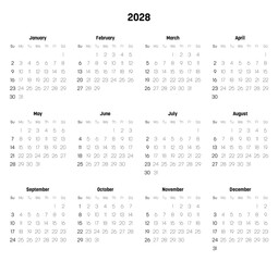 Monthly calendar of year 2028