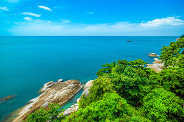 Beautiful tropical landscape of the green coast of Koh Samui island