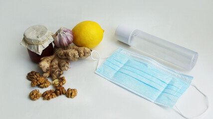 prevention of viruses, natural vitamins ginger,garlic,lemon and honey mask for protection against viruses and antiseptic