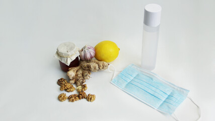 prevention of viruses, natural vitamins ginger,garlic,lemon and honey mask for protection against viruses and antiseptic