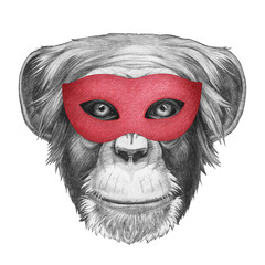 Portrait of Monkey with a carnival mask. Hand-drawn illustration.