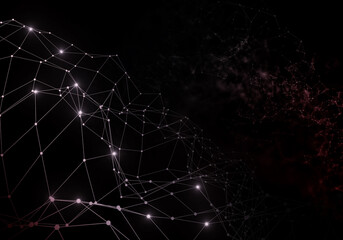 Plexus lines, dots and light beams with light points. Abstract technology, science and engineering background. Depth of field settings. 3D rendering