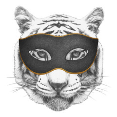 Portrait of Tiger with a carnival mask. Hand-drawn illustration. © Victoria Novak
