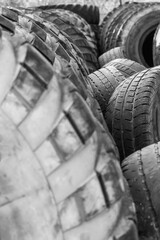 Black and white photo of tires for large trucks