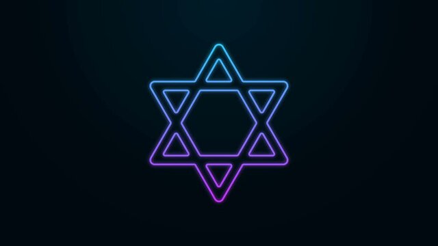 Glowing neon line Star of David icon isolated on black background. Jewish religion symbol. Symbol of Israel. 4K Video motion graphic animation