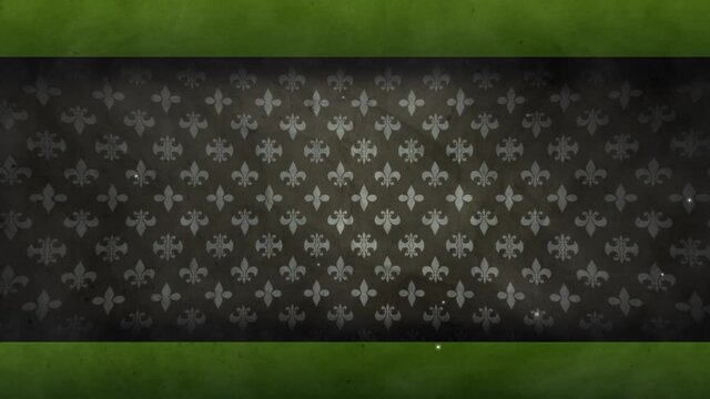 A moving fleur-de-lis patterned wallpaper set behind top and bottom green framing bars and small specks of light appearing at random motion background.