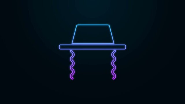 Glowing neon line Orthodox jewish hat with sidelocks icon isolated on black background. Jewish men in the traditional clothing. Judaism symbols. 4K Video motion graphic animation