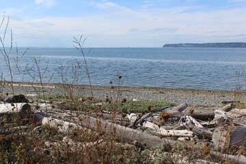 A distant view of White Rock peninsula from Semiahmoo beach in late summer