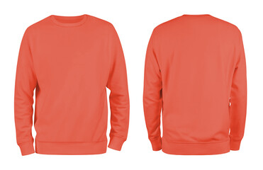 Men's coral  blank sweatshirt template,from two sides, natural shape on invisible mannequin, for your design mockup for print, isolated on white background..