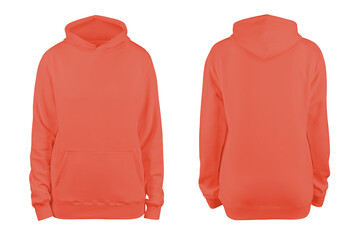 woman's coral  blank hoodie template,from two sides, natural shape on invisible mannequin, for your design mockup for print, isolated on white background.