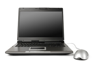 Black laptop computer with a mouse front view Isolated on white background