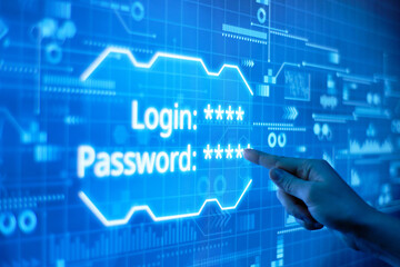 A hand presses on a futuristic login and password to enter display