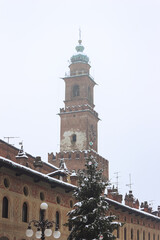 Piazza Ducale and Sforza Castle in Vigevano during a snowfall in 2012