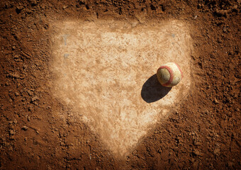 Baseball on home plate of dirt baseball field - obrazy, fototapety, plakaty