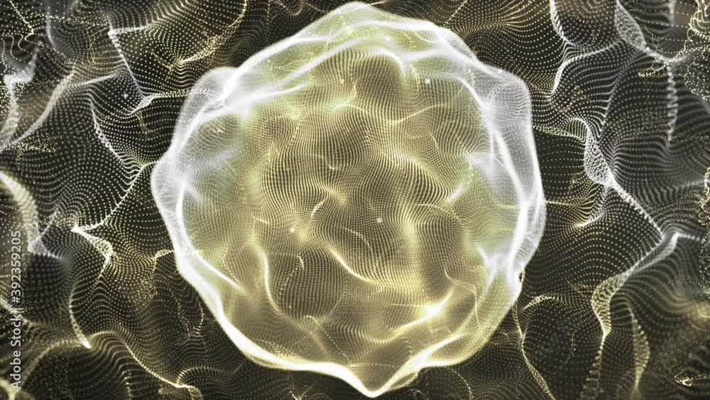 Poster 4k video of abstract golden color digital particles wave with bokeh and light background.