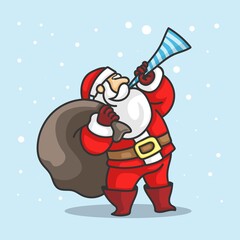 Santa standing playing Trumpet holding a sack of gifts. vector illustration