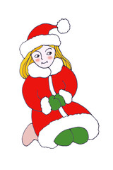 Girl in a Christmas costume and mittens sits in the snow, graphic color drawing on a white background