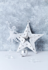 Christmas star on bright wooden background. Close up.	