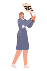 woman dressed in purple suit and white shoes with a vote poster