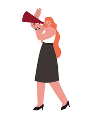 woman dressed in dark skirt and heels with a megaphone