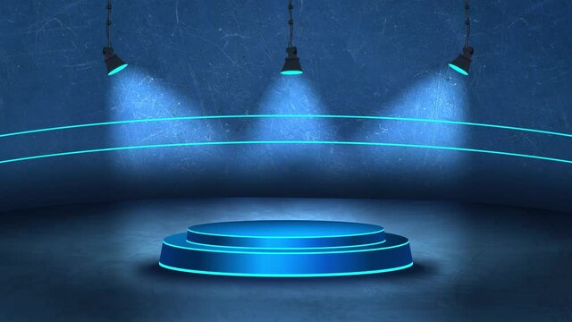 Product presentation podium for display with blue lights show animation, Platform for design, Pedestal for display with light glow, 3D rendering, dark blue wall and floor, blank stand for product show