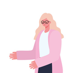 woman with yellow hair and a pink coat