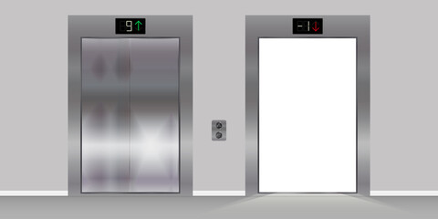 Open and closed chrome metal office building lift elevator doors. Realistic vector illustration. © Ivan Burchak