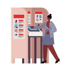 woman with black hair and a gray suit in voting booth