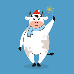Greeting Christmas card, bull santa hat, scarf. New Year symbol cartoon cow, buffalo or calf. Merry Christmas and happy new year. Hand drawn animal character holidays vector