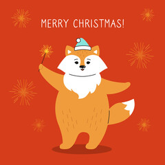 Greeting Christmas card, fox with sparkler. Hand drawn funny cartoon New year red fox christmas character. Happy New year, merry Christmas. Animal vector