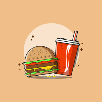 Take Away Delivery Cheese Burger French Fries and Sauce Vector Icon Illustration. Flat Cartoon Style Suitable for Web Landing Page, Banner, Flyer, Sticker, Wallpaper, Card, Background