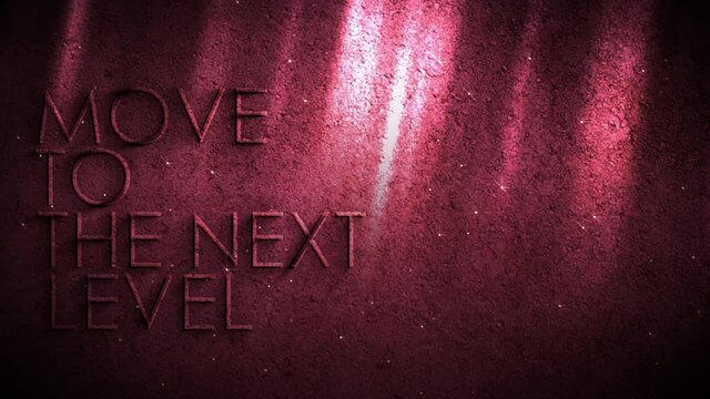 A dark red game themed motion background with the text "Move To The Next Level" highlighted by red light rays from the sky and small glowing star dust floating around motion background.