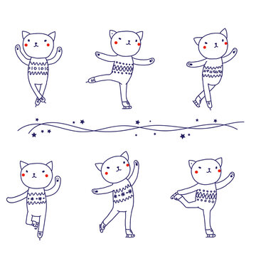 Kitten skates. figure skating set of figures. Vector hand-drawn sketch.