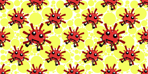 Seamless pattern of Cute cartoon germ in flat style design isolated on yellow Color Random Scale Circles background. Bacteriology concept design. Vector illustration EPS10.