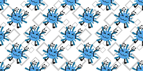Seamless pattern of Cute cartoon germ in flat style design isolated on rectangle stroke background. Bacteriology concept design. Cartoon microbes. Vector illustration eps10.