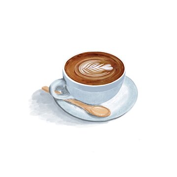 An illustration of a Cup of coffee and saucer with latte art on 