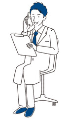 手描き1color　医師・薬剤師　オンライン　診療　男性　イケメン　おじさん