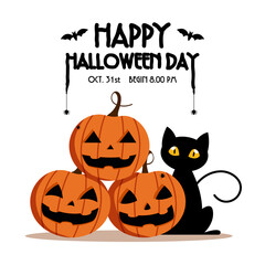 Happy Halloween Day ,  Bat and spider on text , Cute pumpkin smile spooky scary but cute and black cat party isolated on white background , vector illustration , sign element