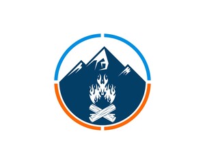 Circle shape with mountain and bonfire inside