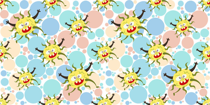 Seamless pattern of Cute cartoon germ in flat style design isolated on Colorful Random Scale Circles background. Bacteriology concept design. Vector illustration EPS10. © Cipta