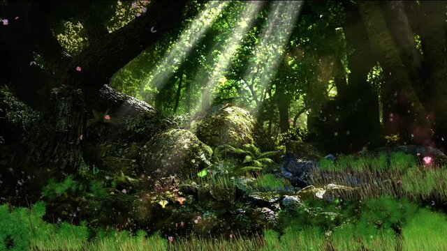 Enchanted forest with sunrays and bugs and fairies fkiying.