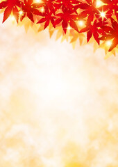 Naklejka na ściany i meble 紅葉と金箔と金色の光　金色の水彩風グラデーション背景　秋のフレーム素材　縦型