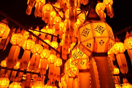 Closeup paper lantern tree at night, decorate for celebration.