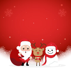 Character Cartoon Cute Christmas Day , Merry christmas happy new year festival , santa claus and snow man and cute reindeer hold gift box, christmas tree snowflake copy space for text  invitation card