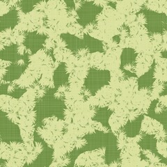 Bright line green tropical foliage seamless pattern. High quality illustration. Vivid but simple palm tree leaves in happy light green shades with linen fabric texture overlay.