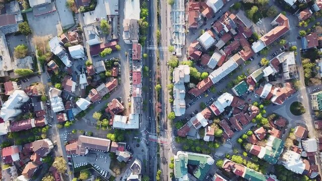 Aerial footage of Skopje, North Macedonia, with empty streets during full quarantine at the beginning of the worldwide covid 19 pandemic. View of Partizanski Odredi street.